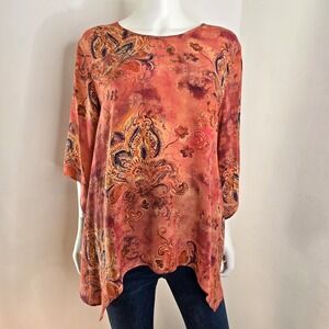Tianello 100% Silk Artsy Natalie Blouse Top Size Asymmetrical Hem Orange Paisley